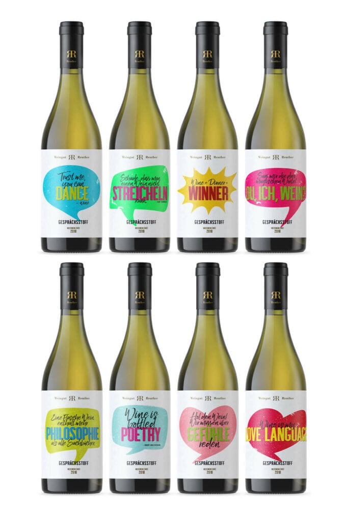 Gesprächsstoff. Verpackungsdesign / packaging design mit diversen Sprüchen für Jacques Weindepot und Weingut Reuther.